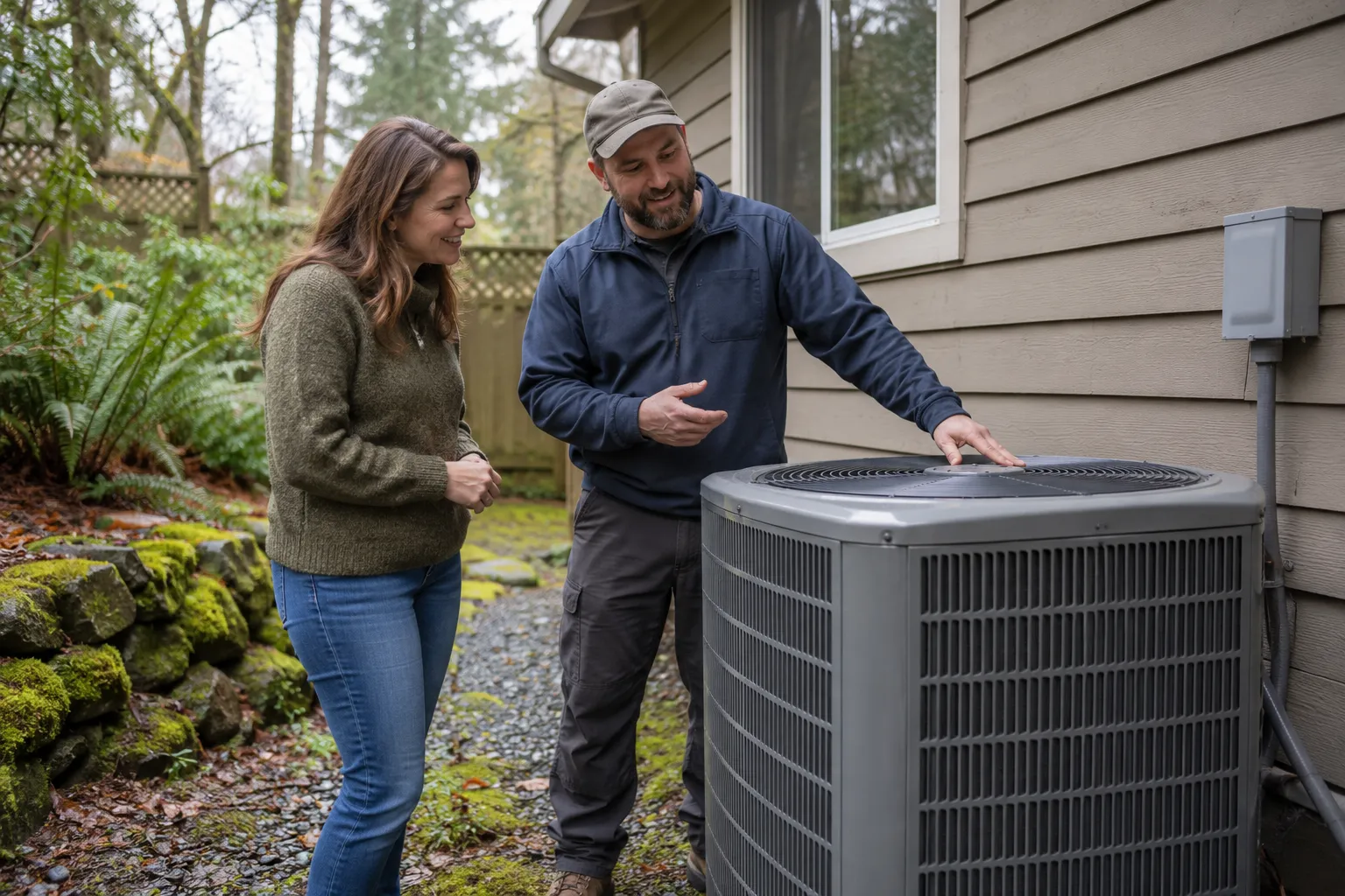 A homeowner in Portland reviewing notes about their heating and cooling system with a friendly local HVAC provider